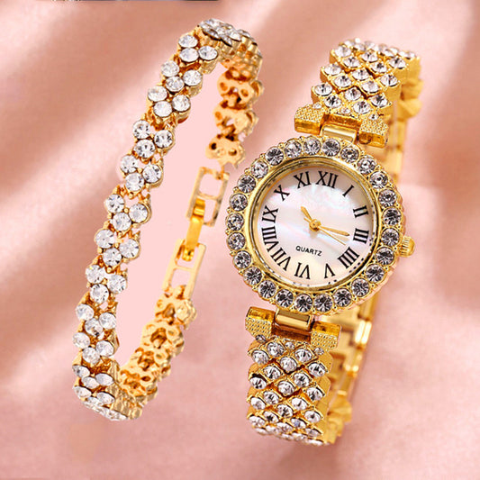 Women’s Gold Diamond-Encrusted Watch and Matching Bracelet - Savge Charmz