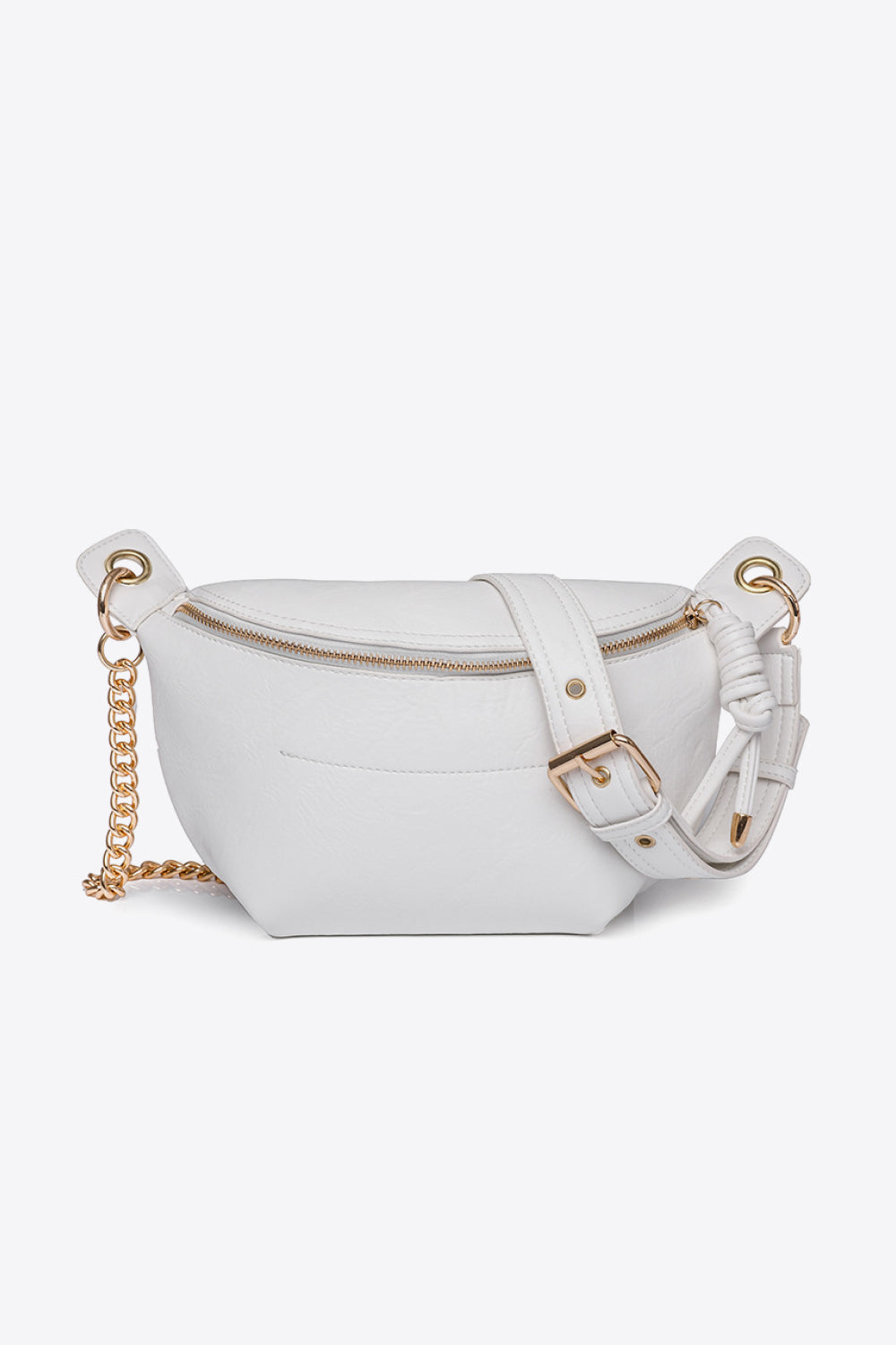 White bum bag with gold chain strap, made of PU leather, compact and stylish for hands-free use.