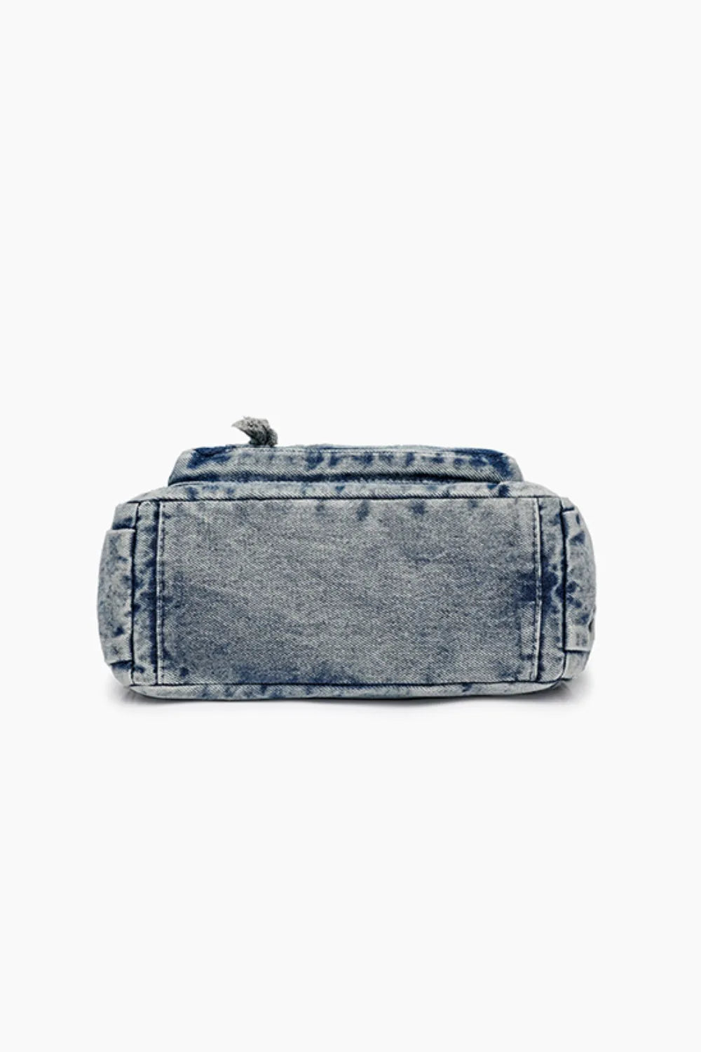 Bottom view of a medium-sized durable denim crossbody bag with a faded blue wash and stitched detailing.