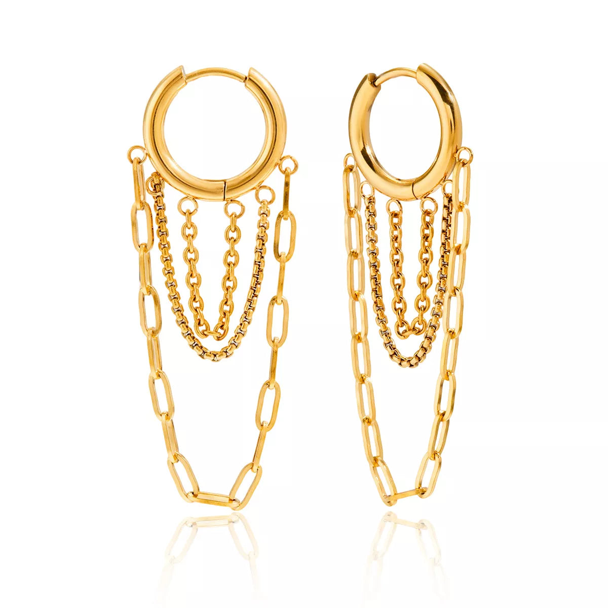 18K gold plated chain hoop earrings with multiple chain strands, crafted from durable stainless steel for a chic look.