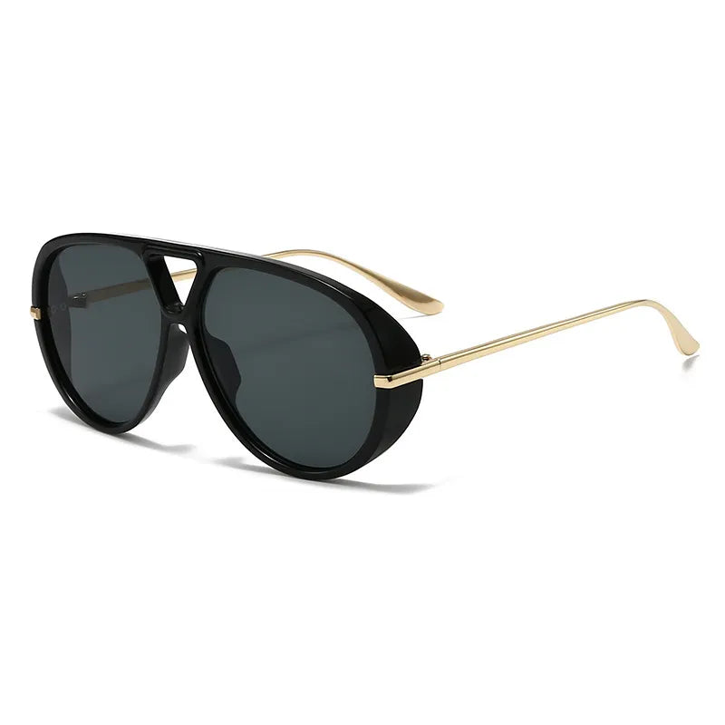 Black aviator fashion sunglasses with UV400 protection, polycarbonate frame, acrylic lenses, and metal-plastic hybrid temples.