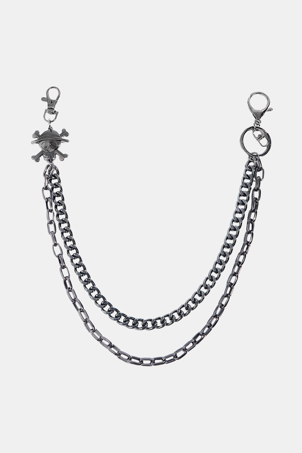 Double layer silver alloy wallet chain with skull and crossbones charm and strong clasps, measuring 14.5 and 17.3 inches.