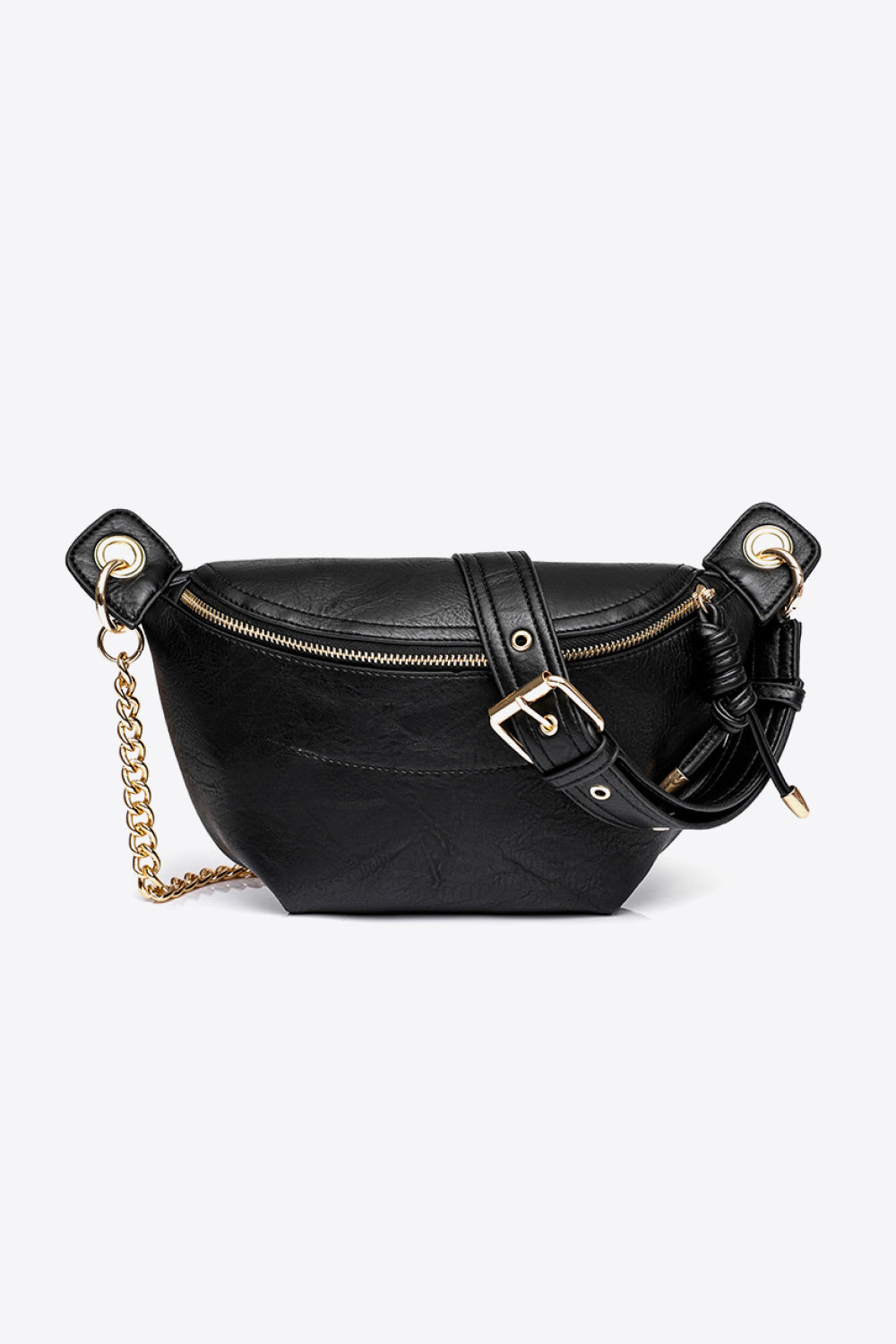 Black bum bag with gold chain strap and zipper, made of high-quality PU leather for stylish hands-free wear.