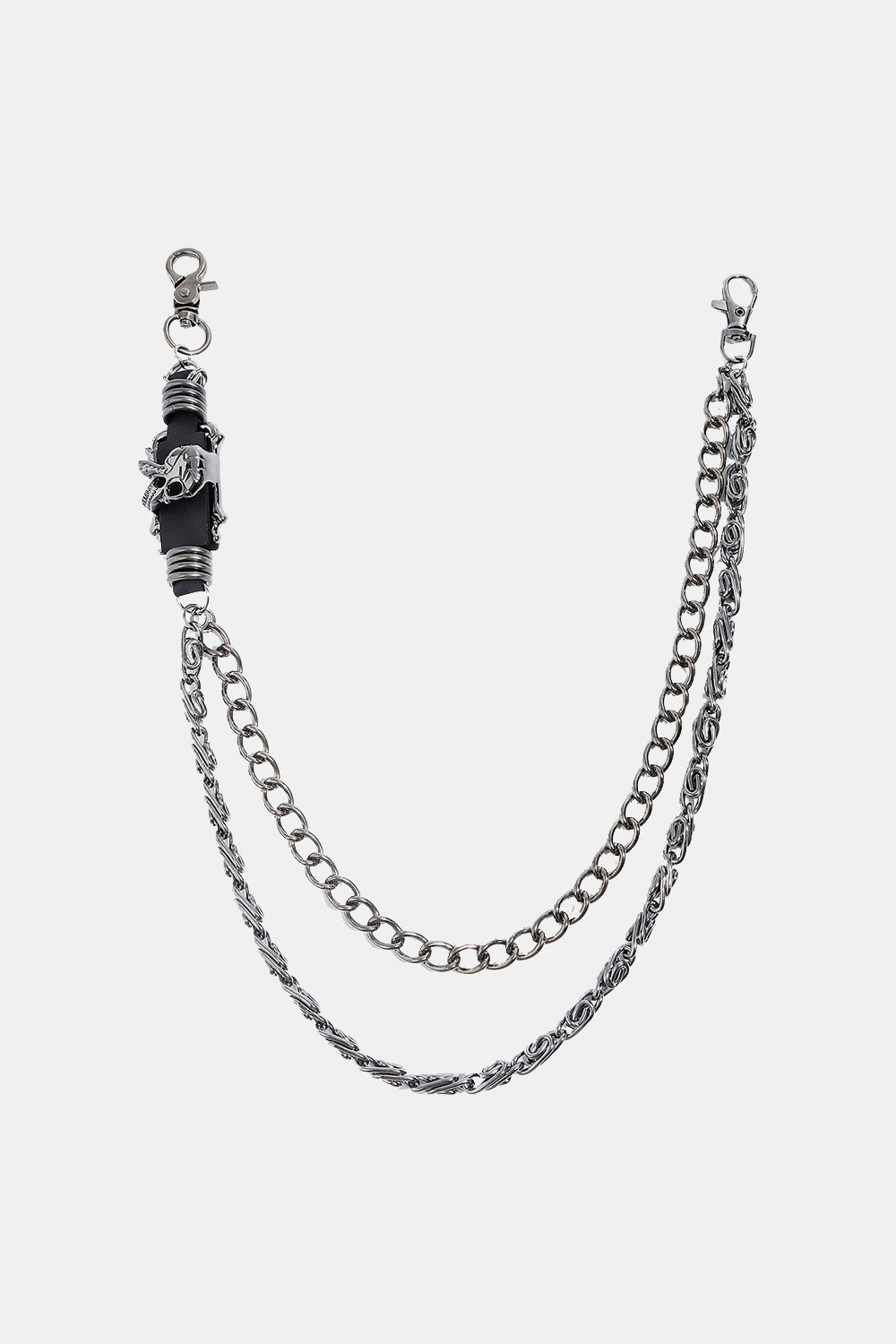 Silver alloy Skull Link Wallet Chain with double chains and clasps for secure attachment, measuring 16 and 19.7 inches.