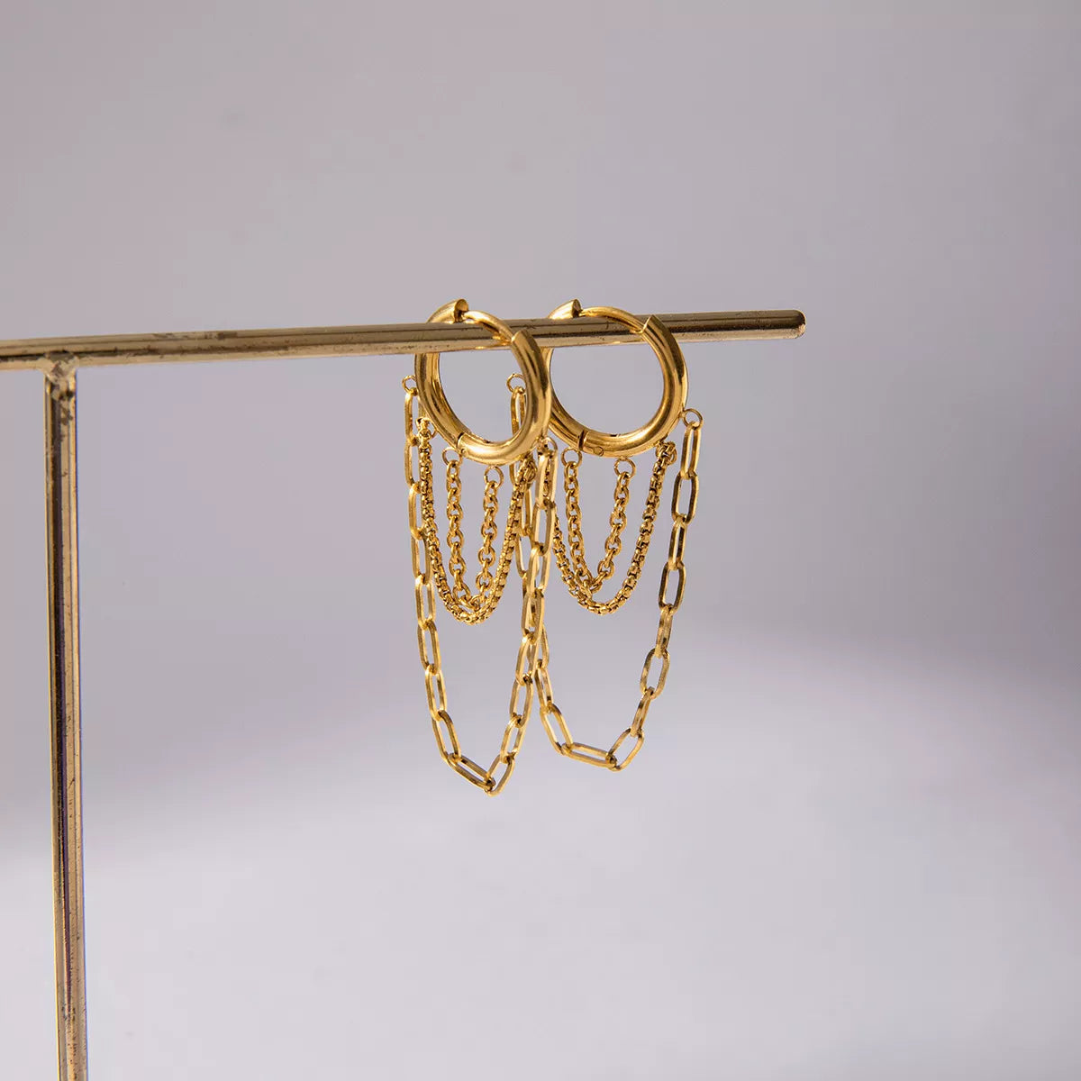 18K gold plated stainless steel chain hoop earrings with layered delicate chains hanging, stylish and elegant accessory