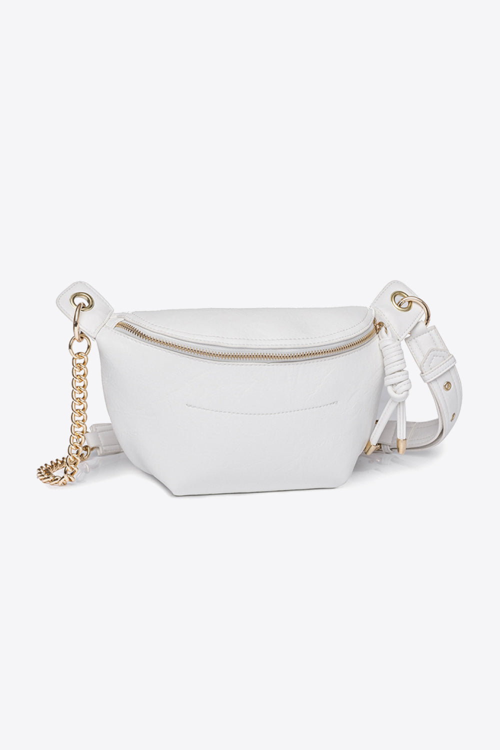 White PU leather bum bag with gold chain strap and zipper, compact and stylish hands-free accessory for everyday use