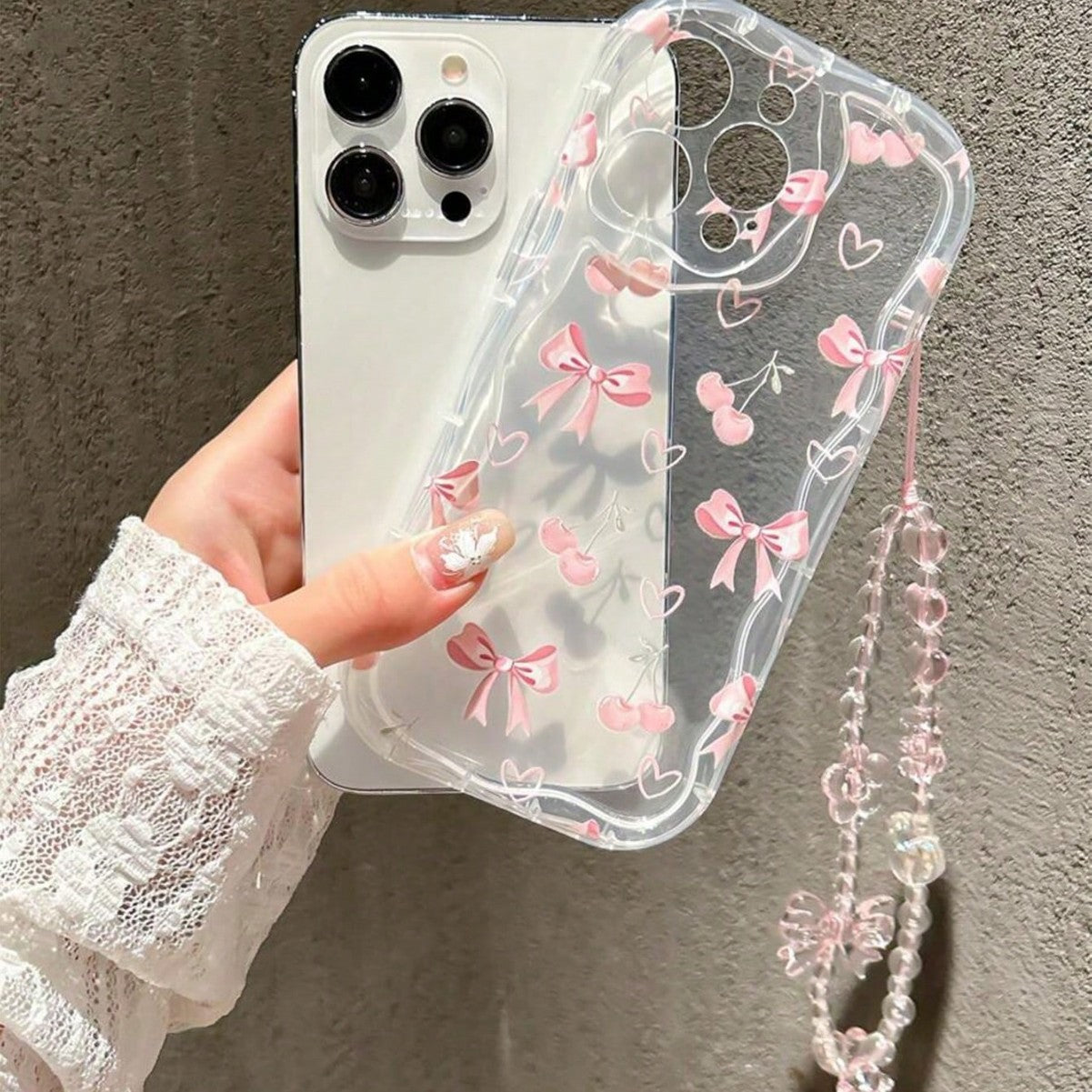 Funda de teléfono Bowknot Cherry Heart con dije