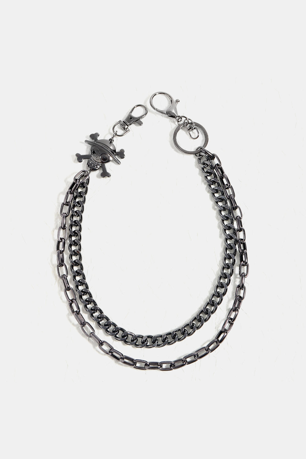 Double layer alloy wallet chain with skull and crossbones charm and lobster clasp closures, 14.5 and 17.3 inches long.
