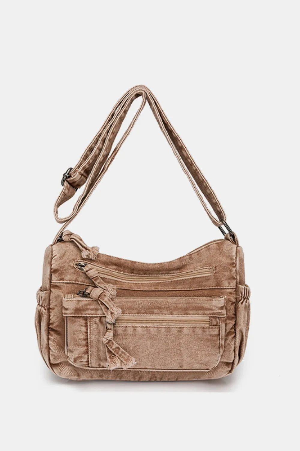 Light brown medium crossbody bag with multiple zippered compartments and an adjustable shoulder strap.