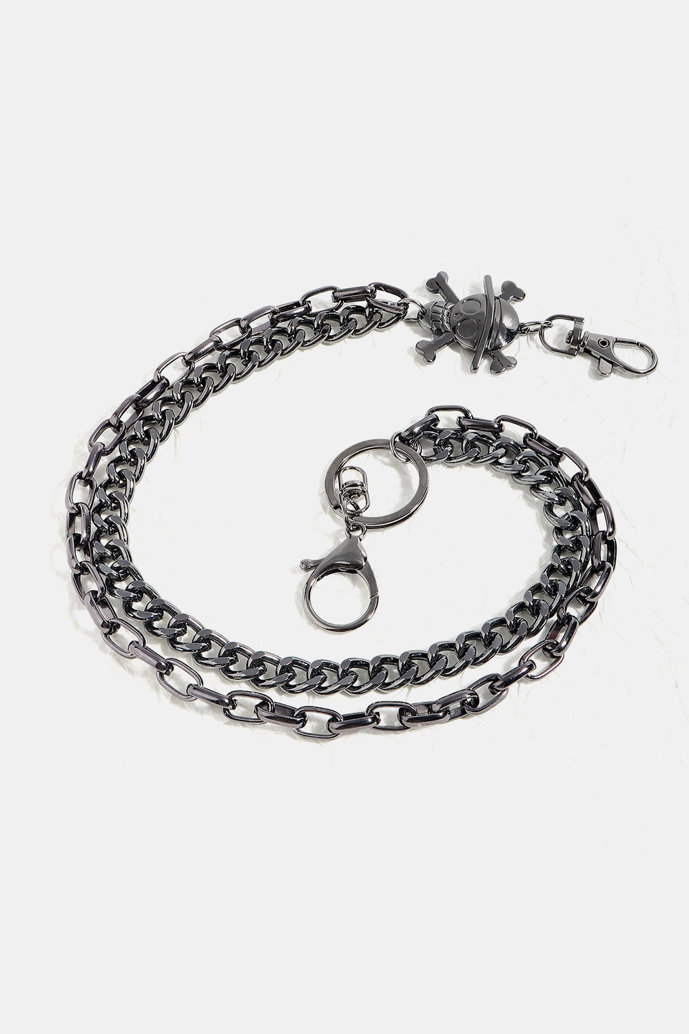 Double layer alloy wallet chain with skull and crossbones detail and lobster claw clasps, 14.5 and 17.3 inches long