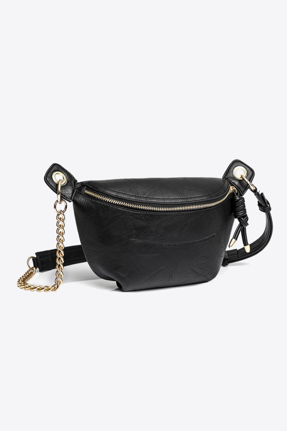 Black sling bum bag with gold chain strap made of high-quality PU leather displayed on white background