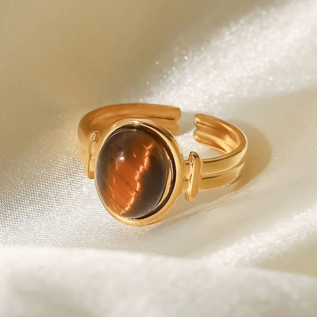 Adjustable gold ring with small brown gemstone – dainty jewelry for women