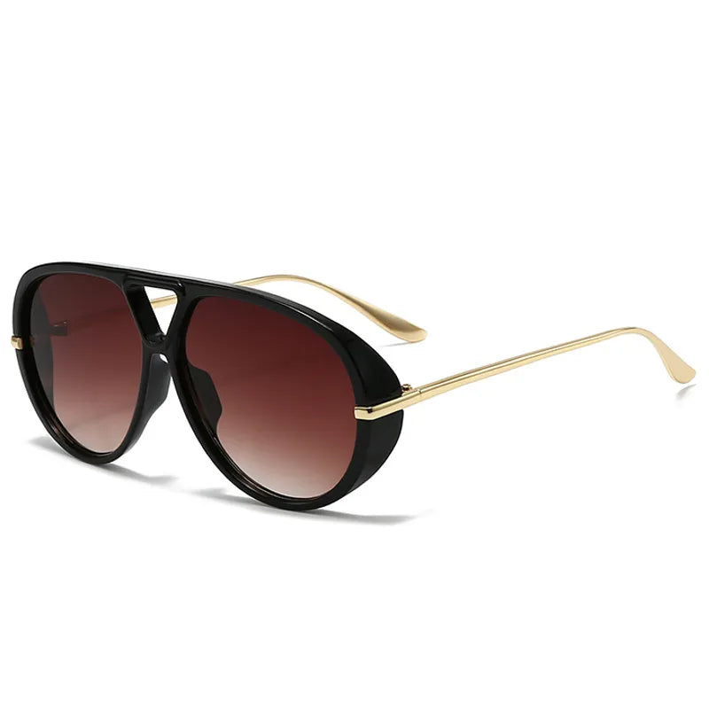 Black aviator fashion sunglasses with UV400 protection and gold metal-plastic hybrid temples, polycarbonate frame, and acrylic lenses