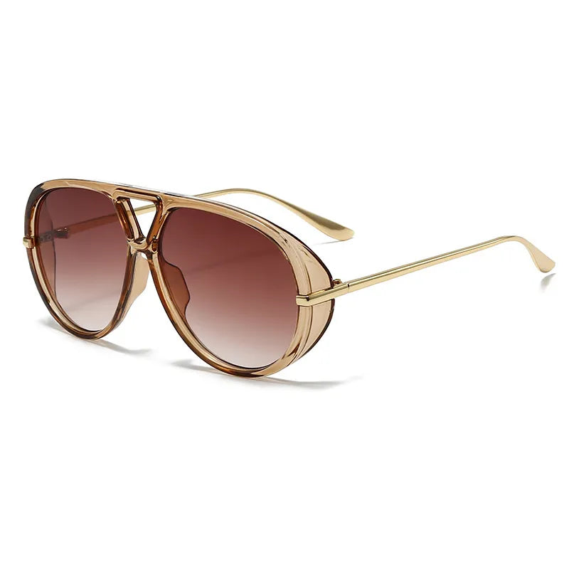 Aviator fashion sunglasses with UV400 protection, polycarbonate frame, acrylic lenses, and metal-plastic temples in gold tone.