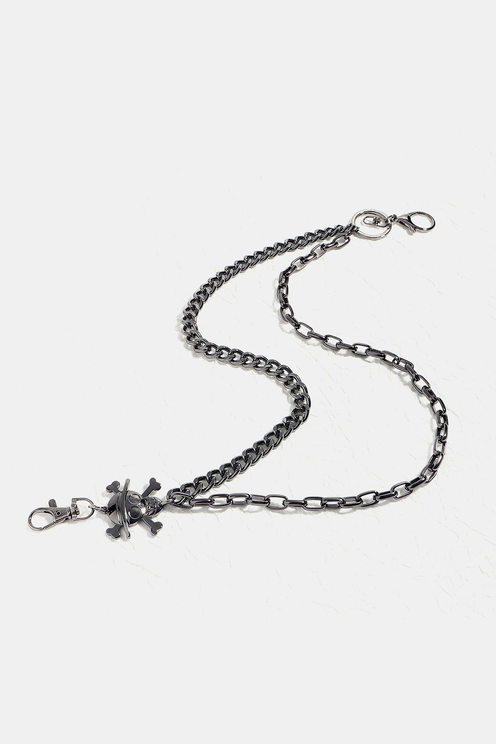 Double layer alloy wallet chain with skull and crossbones charm for edgy fashion accessories, 14.5 and 17.3 inches long.