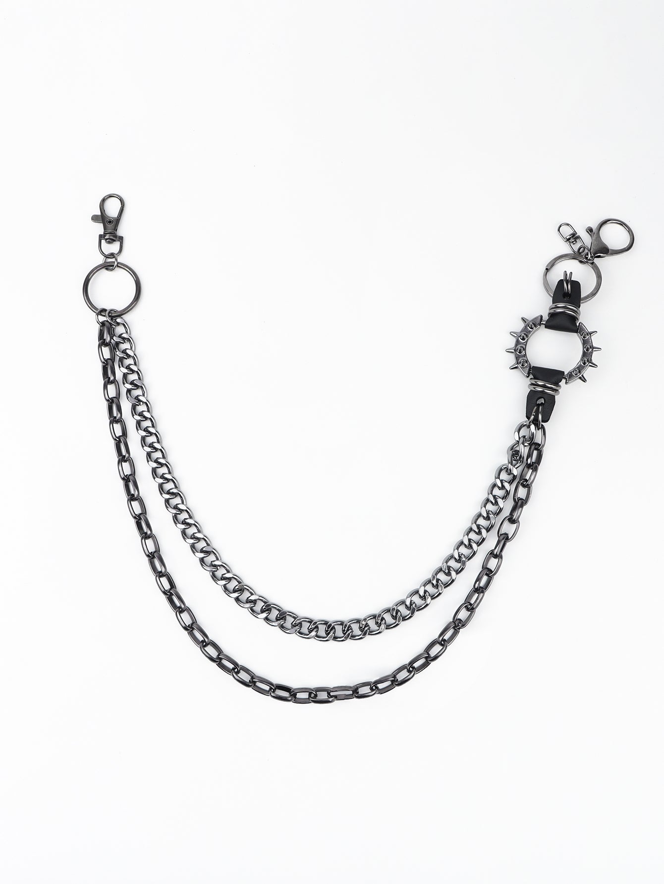 Double chain link wallet chain made of black aluminum with clasp and spiked leather ring detail, 13.8 to 17.7 inches long.