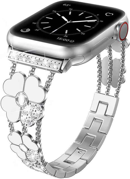 Diamond-Set Resin Clover Metal Strap Watch Band