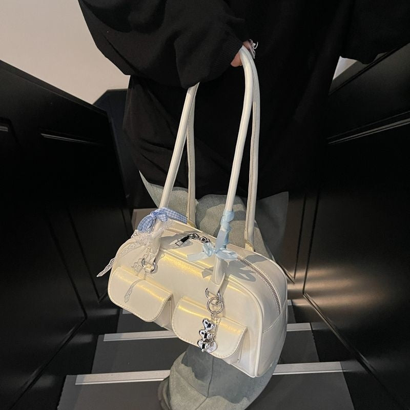 Bow-tie Ribbon Bowling Shoulder Bag w/pendant