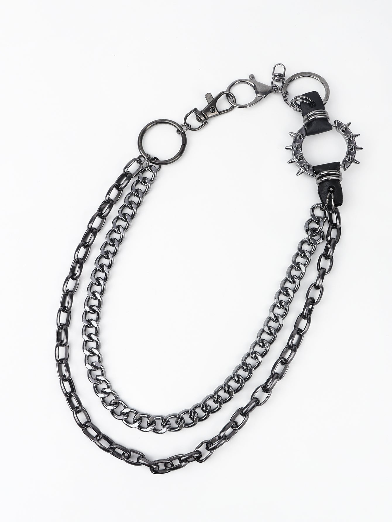 Double chain link wallet chain in aluminum with metal rings and spiked leather detail, measuring 13.8 to 17.7 inches.