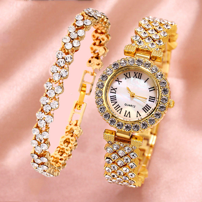 Women’s Gold Diamond-Encrusted Watch and Matching Bracelet
