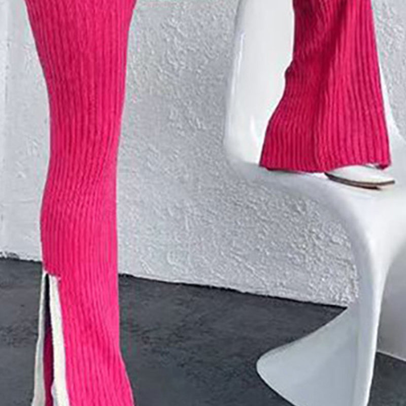 Women's Casual Two Piece Long Sleeve Crop Top With Slim Slit Pants Set