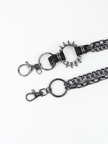 Two aluminium double chain link wallet chains with lobster clasps and metal ring attachments on white background