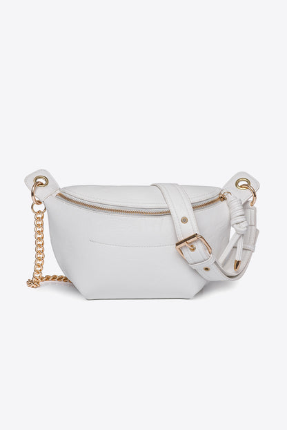 White bum bag with gold chain strap, made of PU leather, compact and stylish for hands-free use.