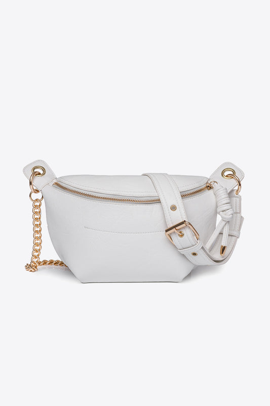 White bum bag with gold chain strap, made of PU leather, compact and stylish for hands-free use.