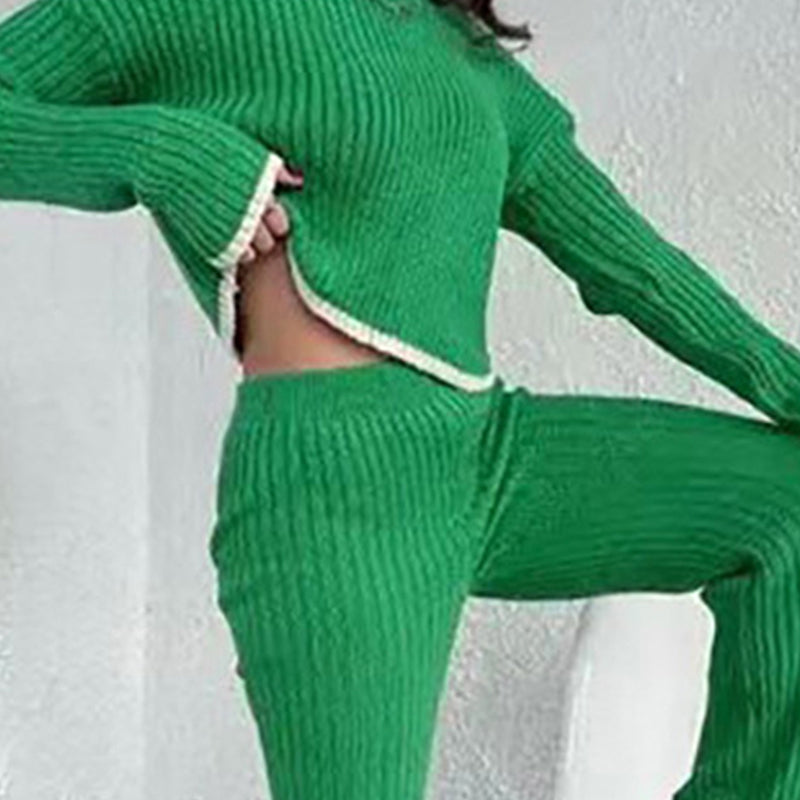 Women's Casual Two Piece Long Sleeve Crop Top With Slim Slit Pants Set