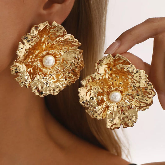 Gold flower pearl statement earrings 
