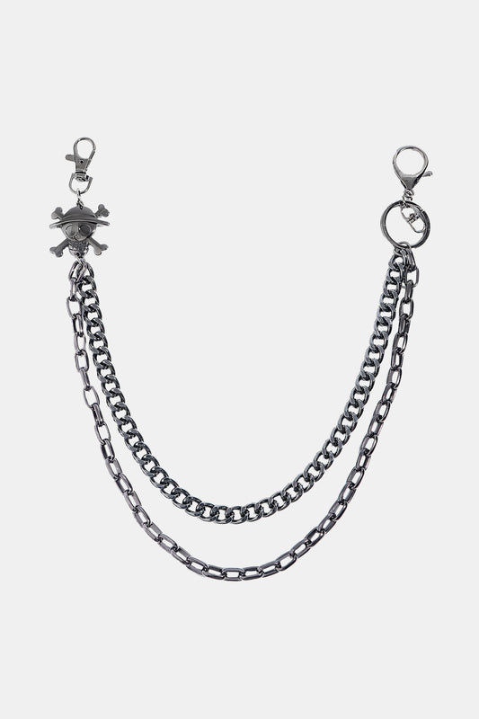 Double layer silver alloy wallet chain with skull and crossbones charm and strong clasps, measuring 14.5 and 17.3 inches.
