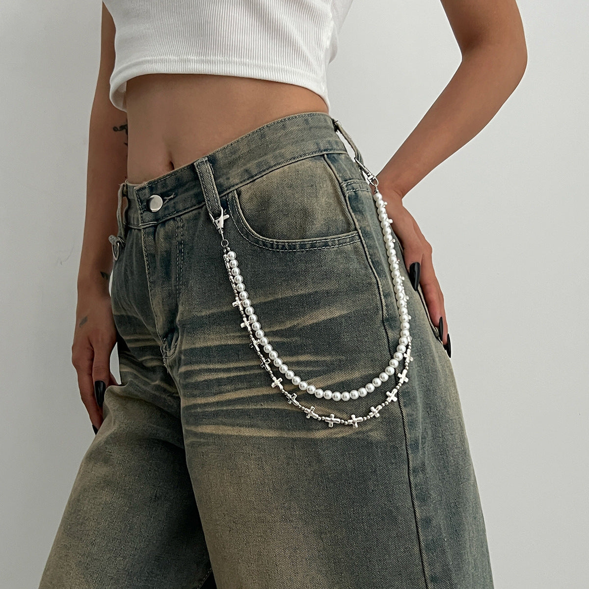 Silver Cross Pearls & Beads Stitching Pants Wallet Chain