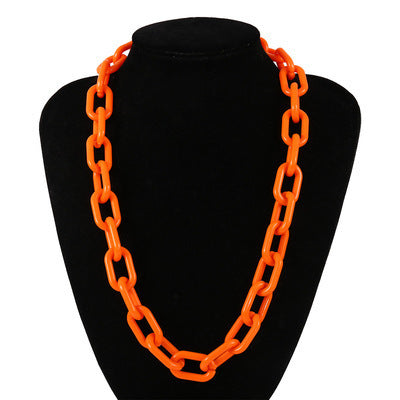 Chunky acrylic link chain necklace in vibrant orange color, stylish punk resin design for women, adjustable length.