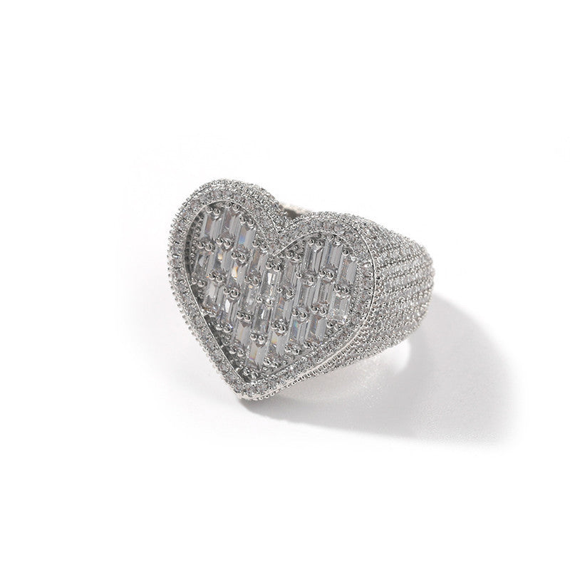 Baguette CZ Women's Sweet Heart Love Ring in silver, featuring high-quality Cubic Zircon crystals in heart shape.