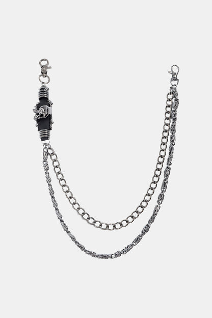 Silver alloy Skull Link Wallet Chain with double chains and clasps for secure attachment, measuring 16 and 19.7 inches.