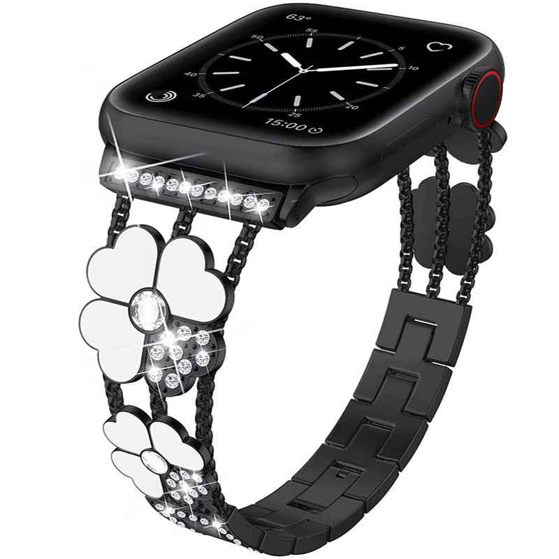 Diamond-Set Resin Clover Metal Strap Watch Band