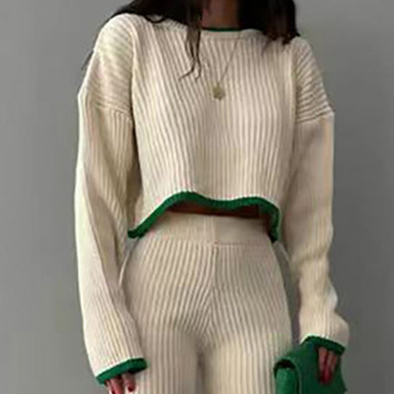 Women's Casual Two Piece Long Sleeve Crop Top With Slim Slit Pants Set