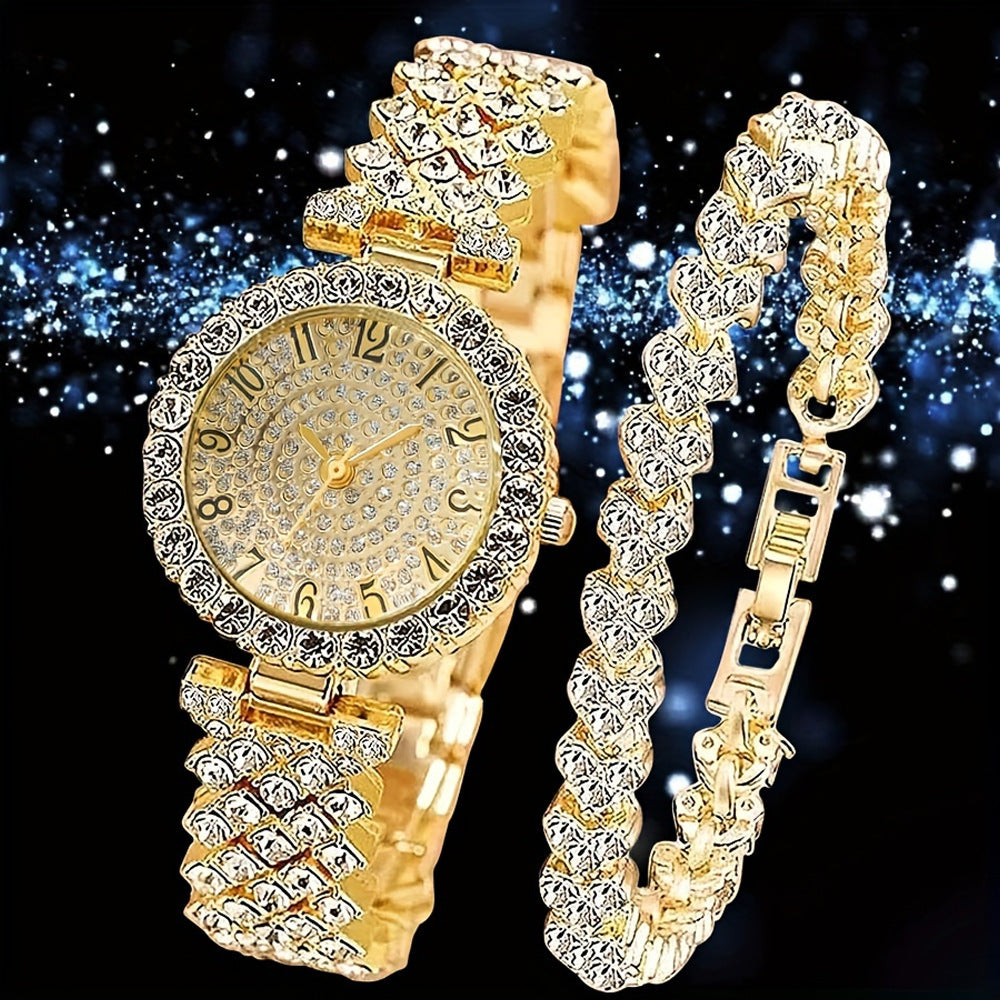 Women’s Gold Diamond-Encrusted Watch and Matching Bracelet