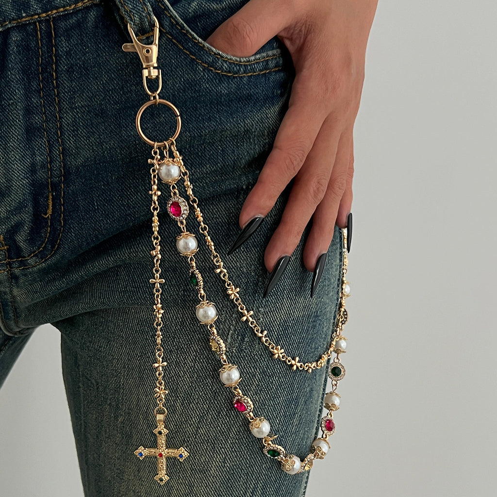 Beaded Gem Cross Wallet Pants Chain