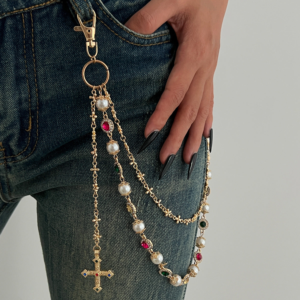 Beaded Gem Cross Wallet Pants Chain
