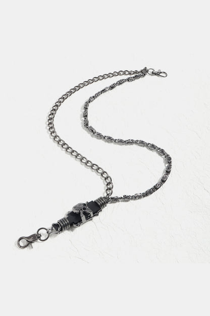 Silver alloy skull link wallet chain with mixed chain styles and clasp closures, 16 and 19.7 inches long