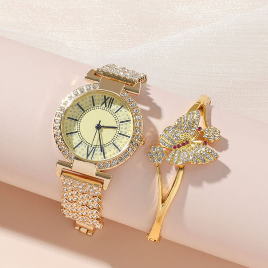Full Diamond Women's Luxury Elegant Gold Watch & Bracelet Set