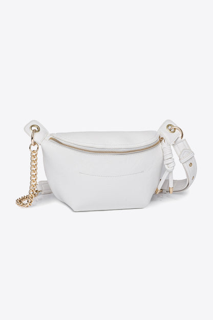 White PU leather bum bag with gold chain strap and zipper, compact and stylish hands-free accessory for everyday use