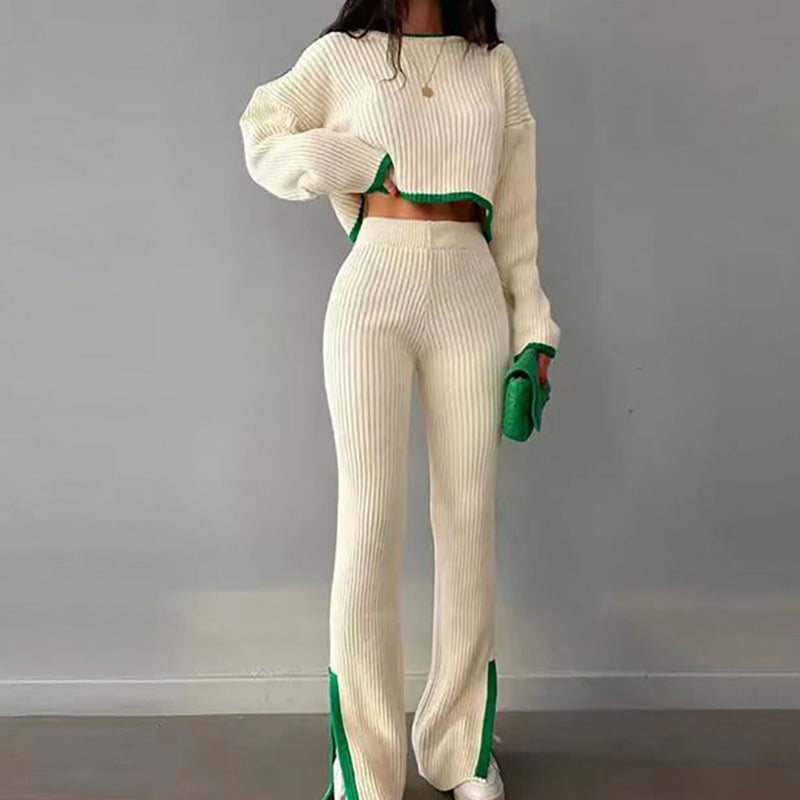Women's Casual Two Piece Long Sleeve Crop Top With Slim Slit Pants Set
