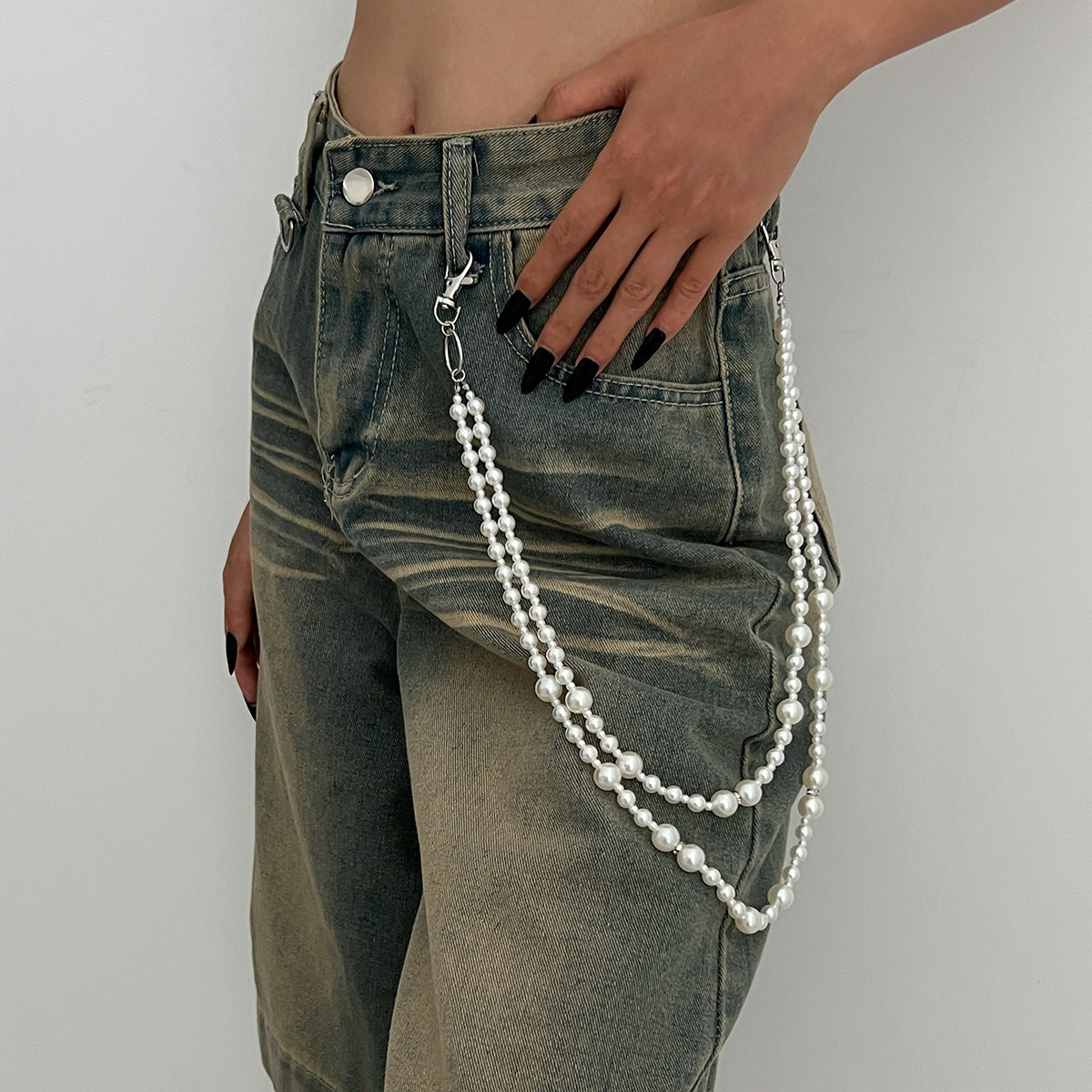 Silver Cross Pearls & Beads Stitching Pants Wallet Chain