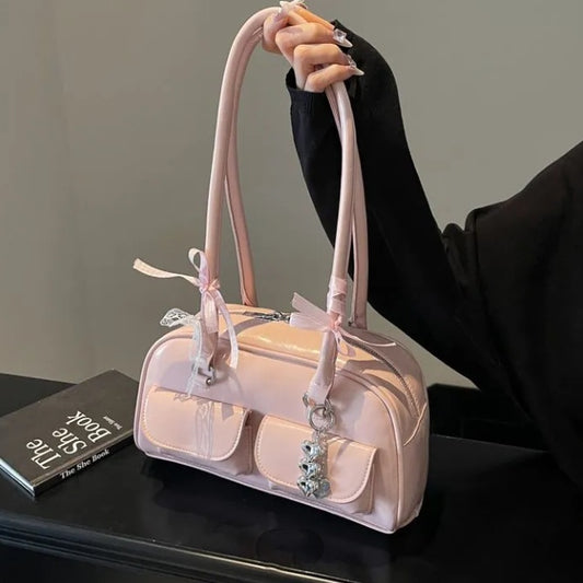 Bow-tie Ribbon Bowling Shoulder Bag w/pendant