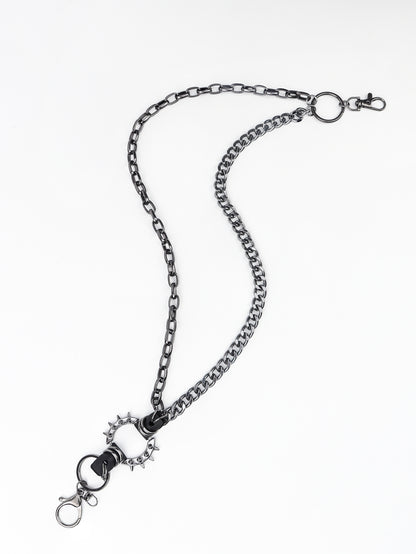 Double chain link wallet chain made of black aluminum with spiked ring and lobster clasps, 13.8 to 17.7 inches long