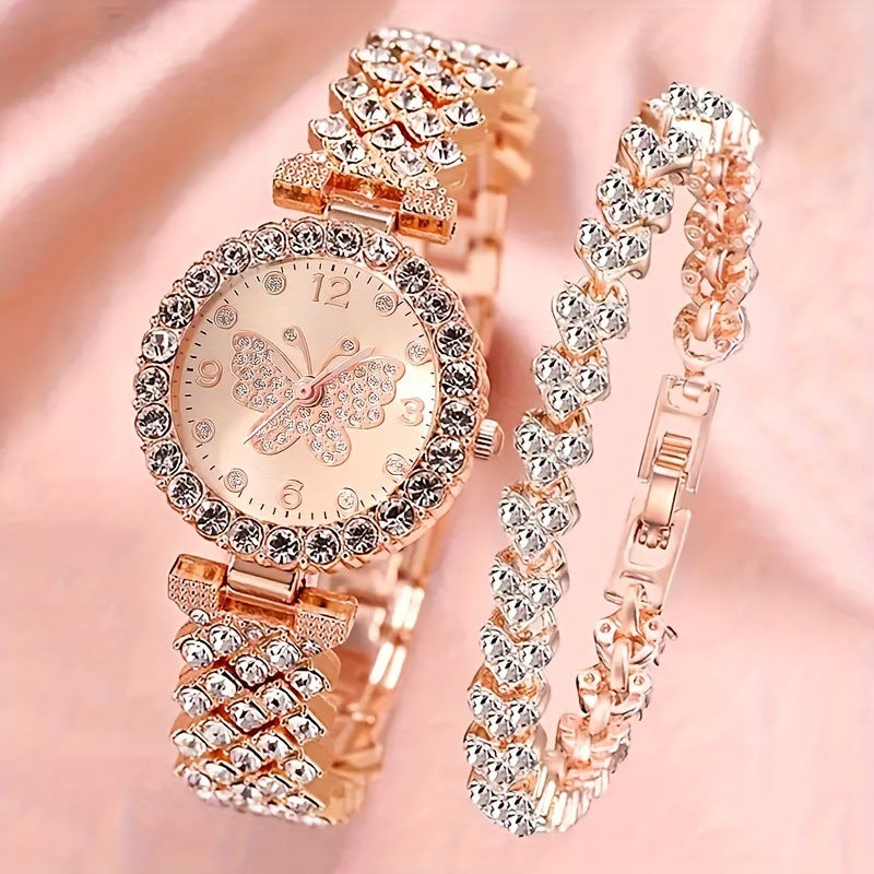 Women’s Gold Diamond-Encrusted Watch and Matching Bracelet
