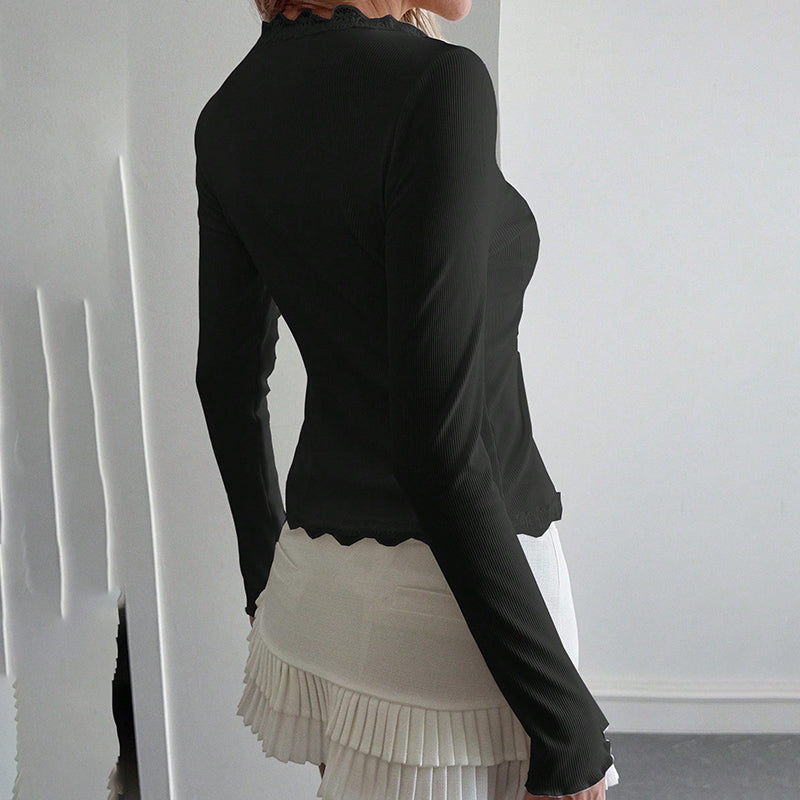 Women's Elegant Lace Trim V-Neck Blouse