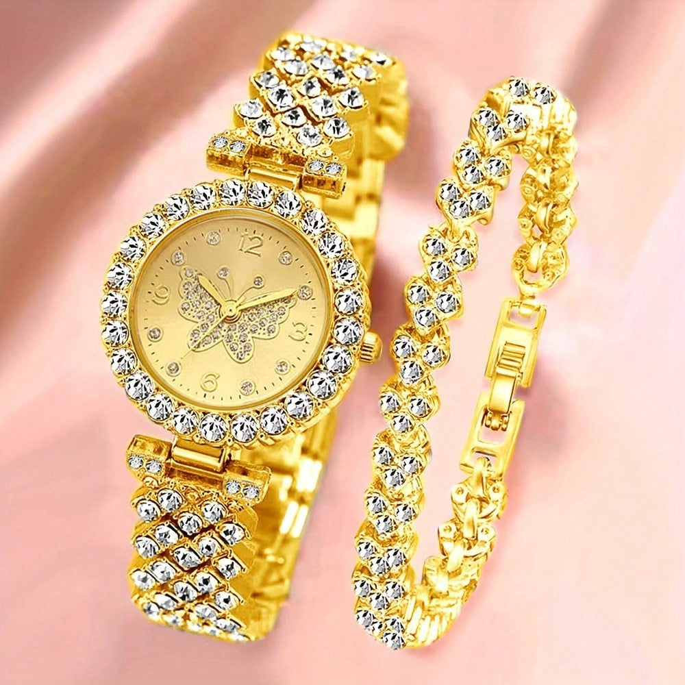 Women’s Gold Diamond-Encrusted Watch and Matching Bracelet